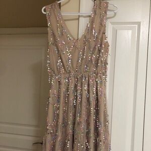 Shimmery holiday dress sleeveless nude tone with sequins size Med